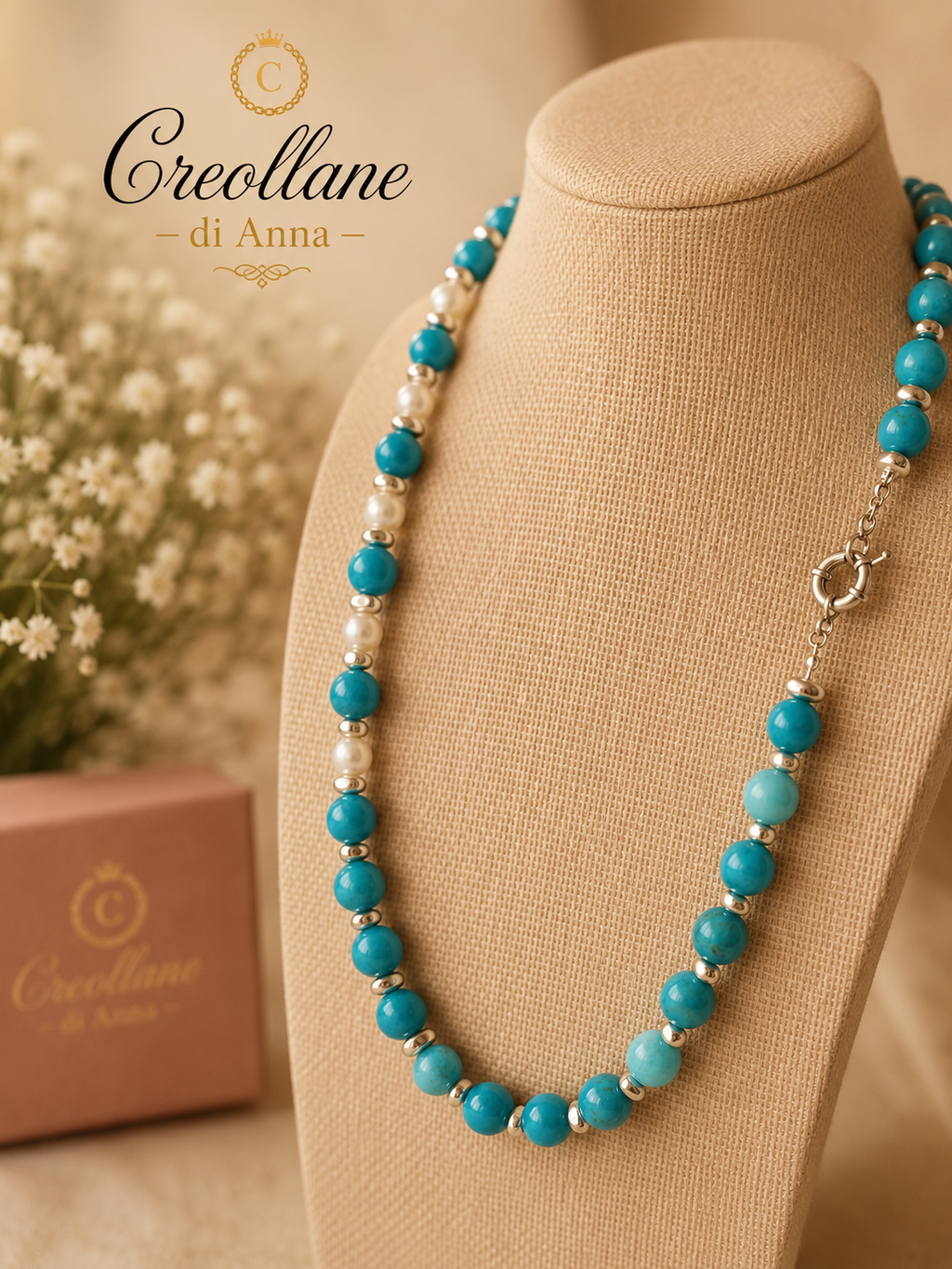 Collana Artigianale Handmade | Amazzonite, Ematite Silver e Perle Naturali di Fiume | Made in Italy