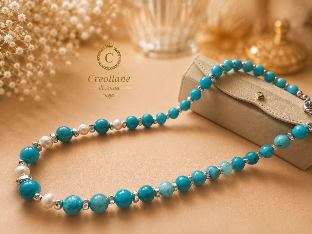 Collana Artigianale Handmade | Amazzonite, Ematite Silver e Perle Naturali di Fiume | Made in Italy