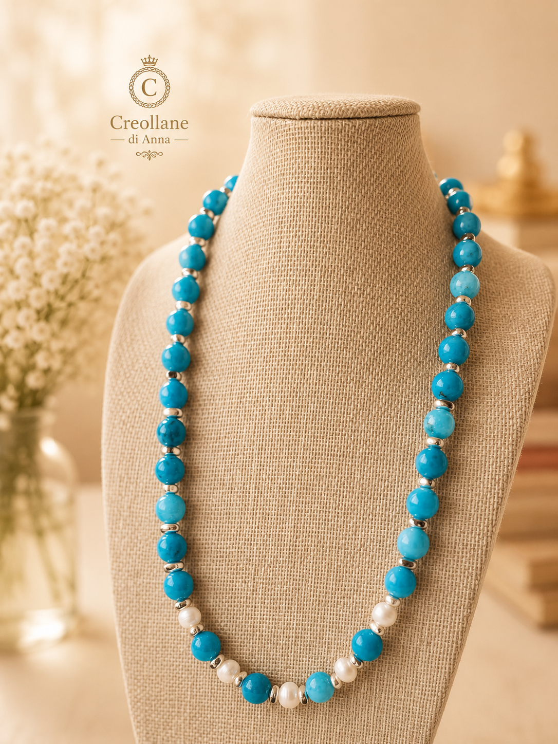Collana Artigianale Handmade | Amazzonite, Ematite Silver e Perle Naturali di Fiume | Made in Italy