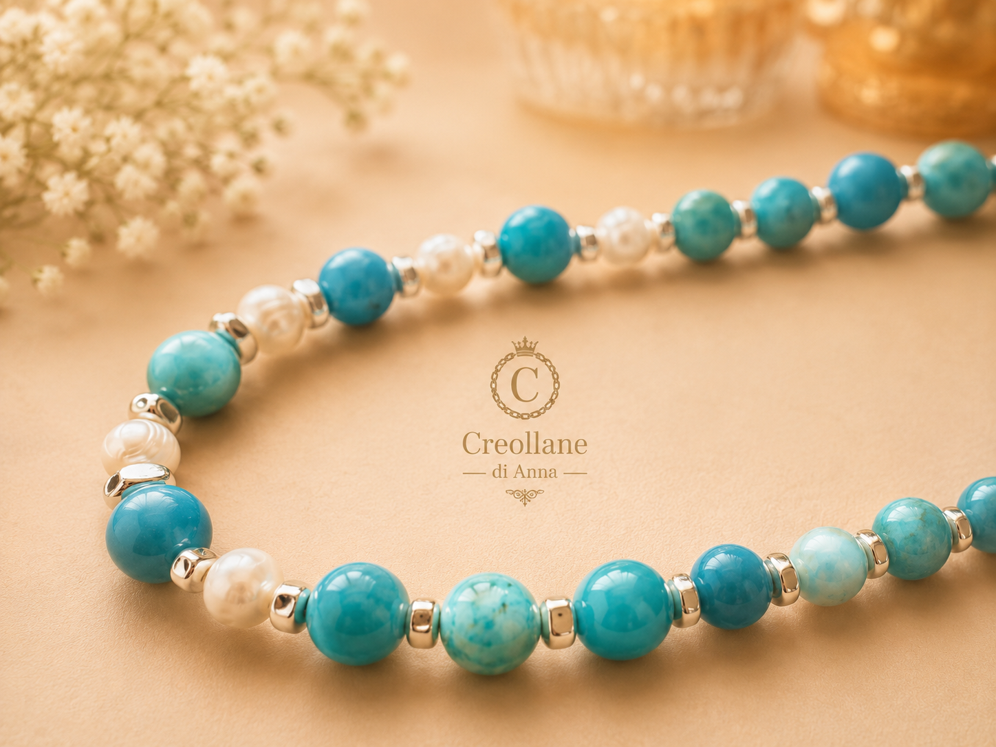 Collana Artigianale Handmade | Amazzonite, Ematite Silver e Perle Naturali di Fiume | Made in Italy