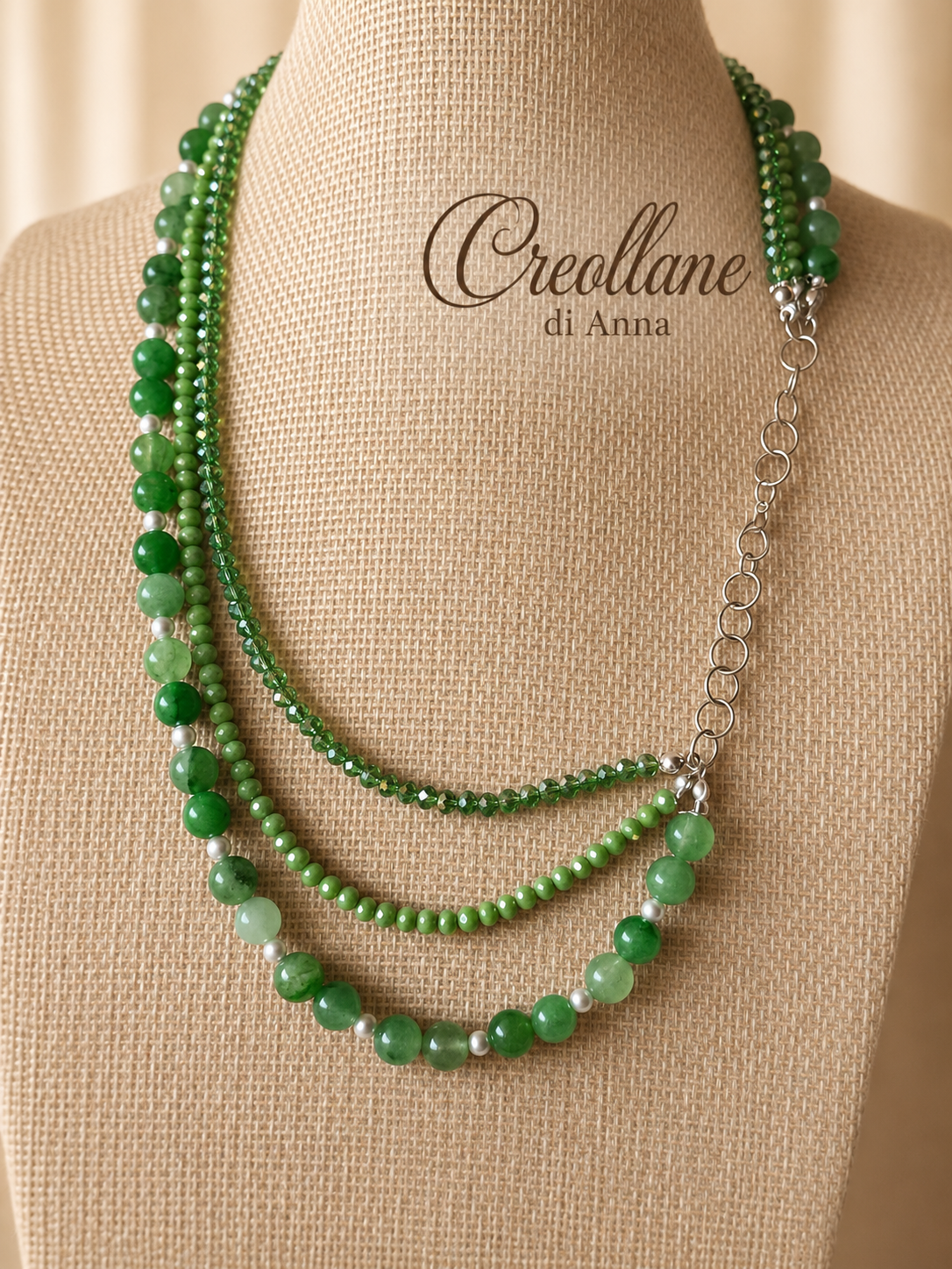 Collana Girocollo Artigianale Handmade | Multifilo Cristalli Verdi, Giadeite e Perle di Maiorca | Made in Italy