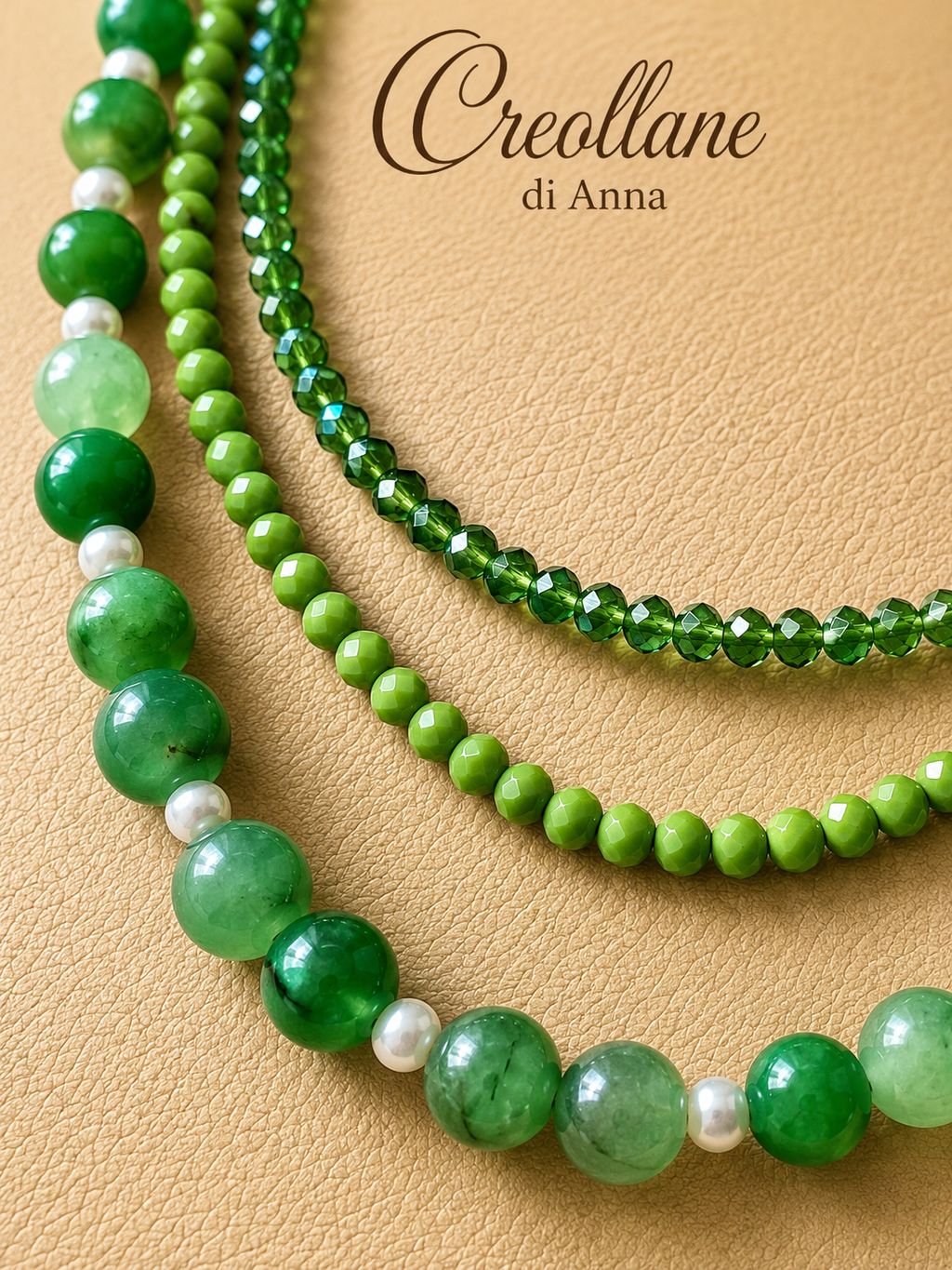 Collana Girocollo Artigianale Handmade | Multifilo Cristalli Verdi, Giadeite e Perle di Maiorca | Made in Italy