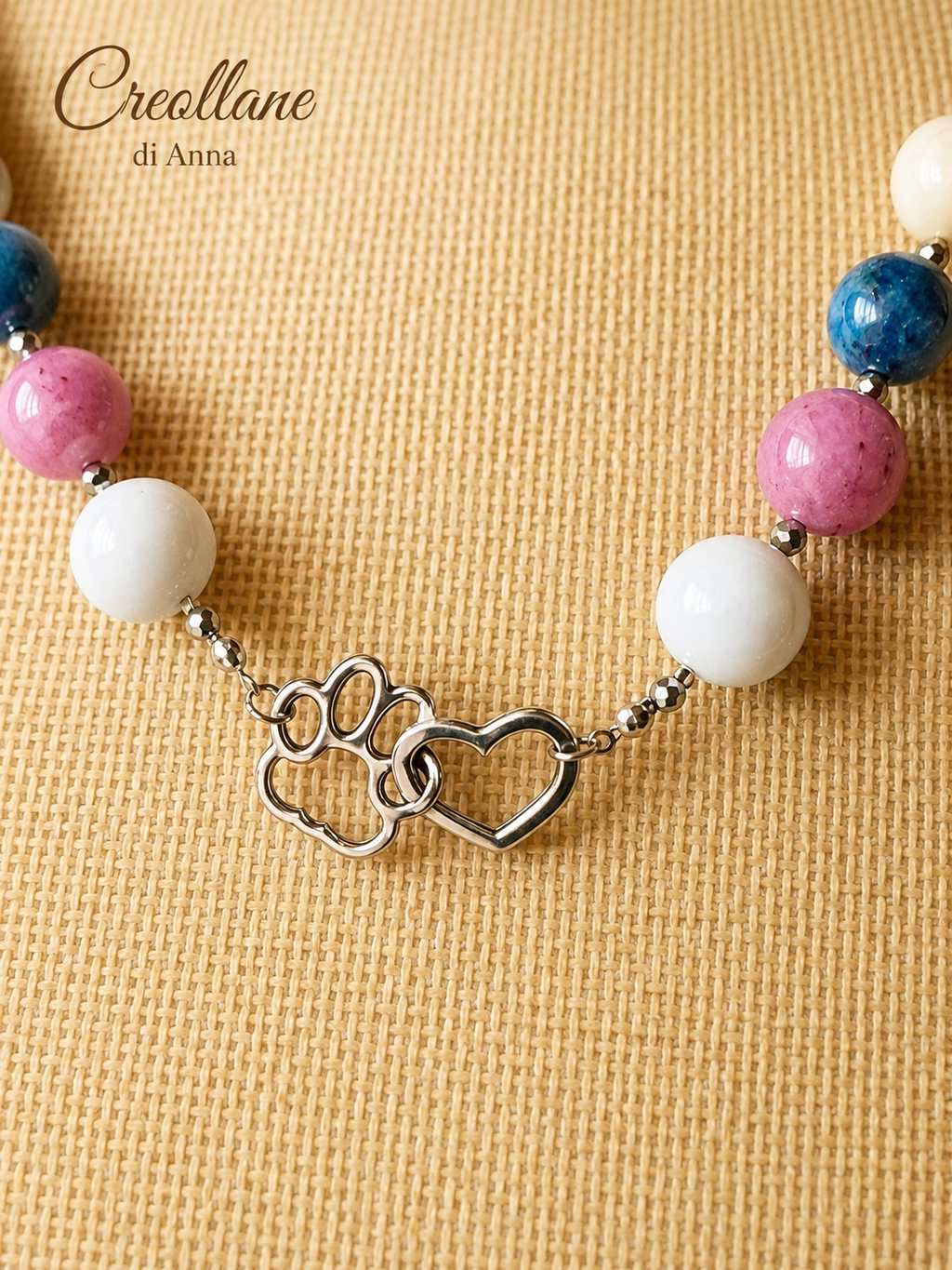 Collana Artigianale Handmade | Agata Tonda, Ematite Silver e Charm Cuore & Zampetta | Made in Italy