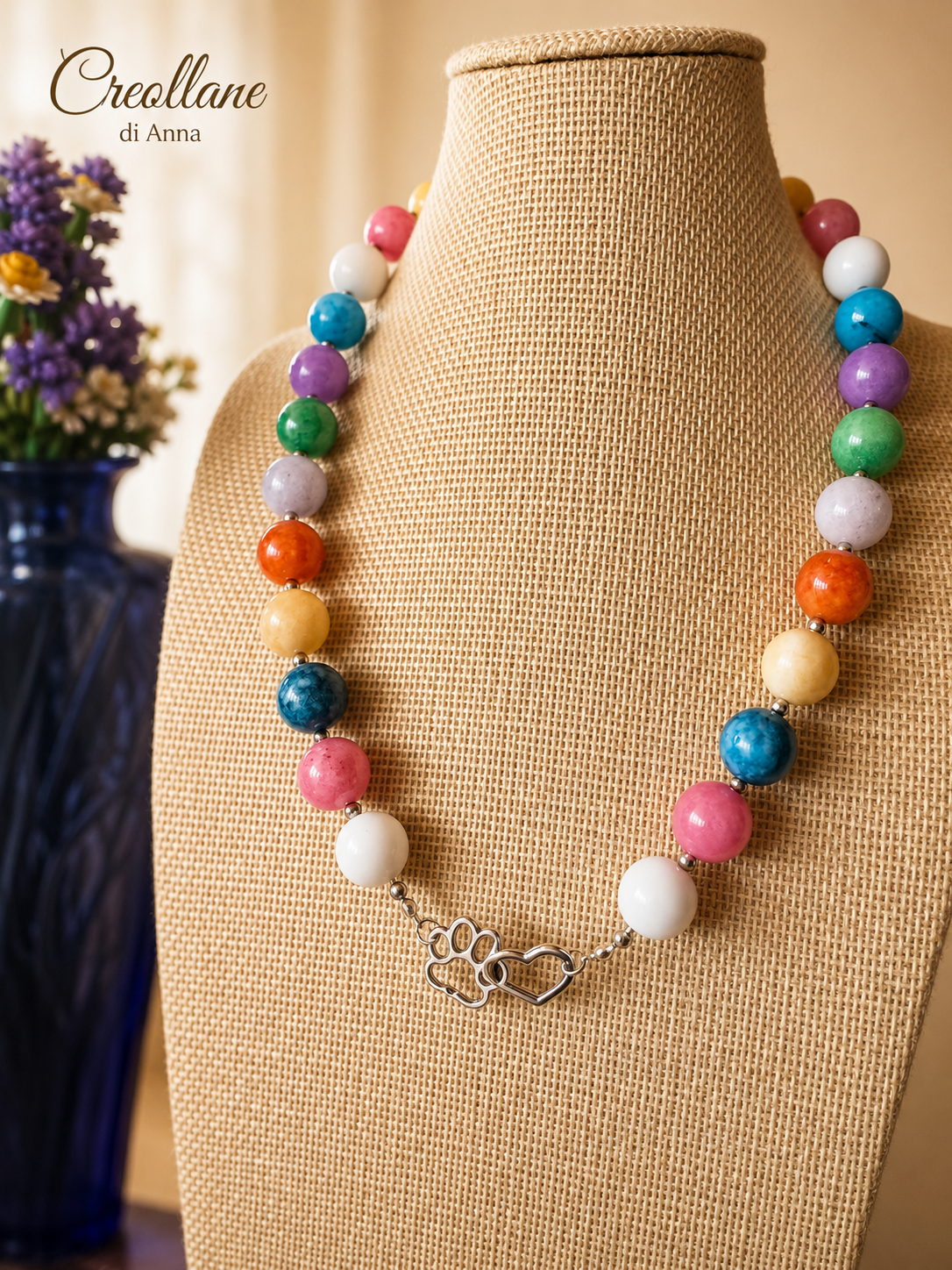 Collana Artigianale Handmade | Agata Tonda, Ematite Silver e Charm Cuore & Zampetta | Made in Italy