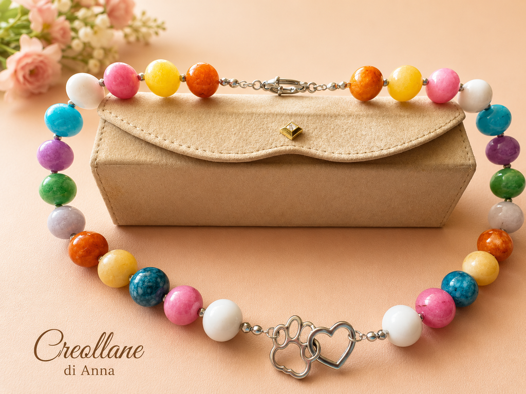 Collana Artigianale Handmade | Agata Tonda, Ematite Silver e Charm Cuore & Zampetta | Made in Italy