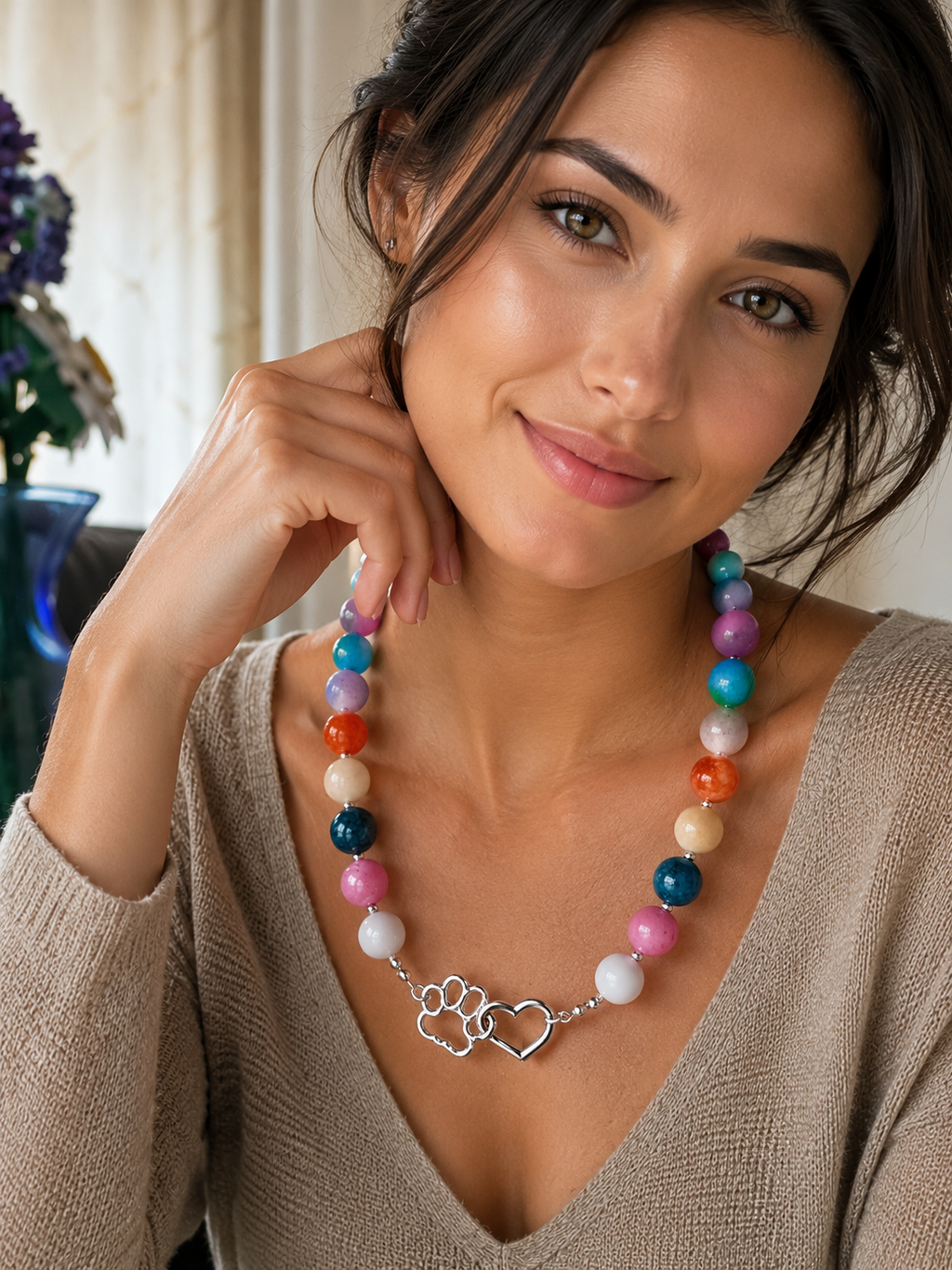 Collana Artigianale Handmade | Agata Tonda, Ematite Silver e Charm Cuore & Zampetta | Made in Italy