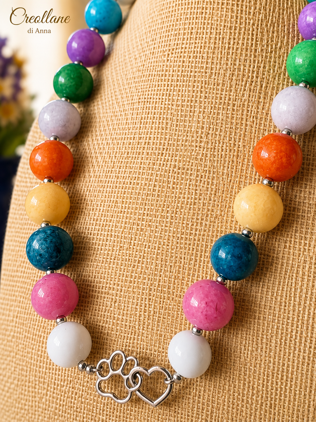 Collana Artigianale Handmade | Agata Tonda, Ematite Silver e Charm Cuore & Zampetta | Made in Italy