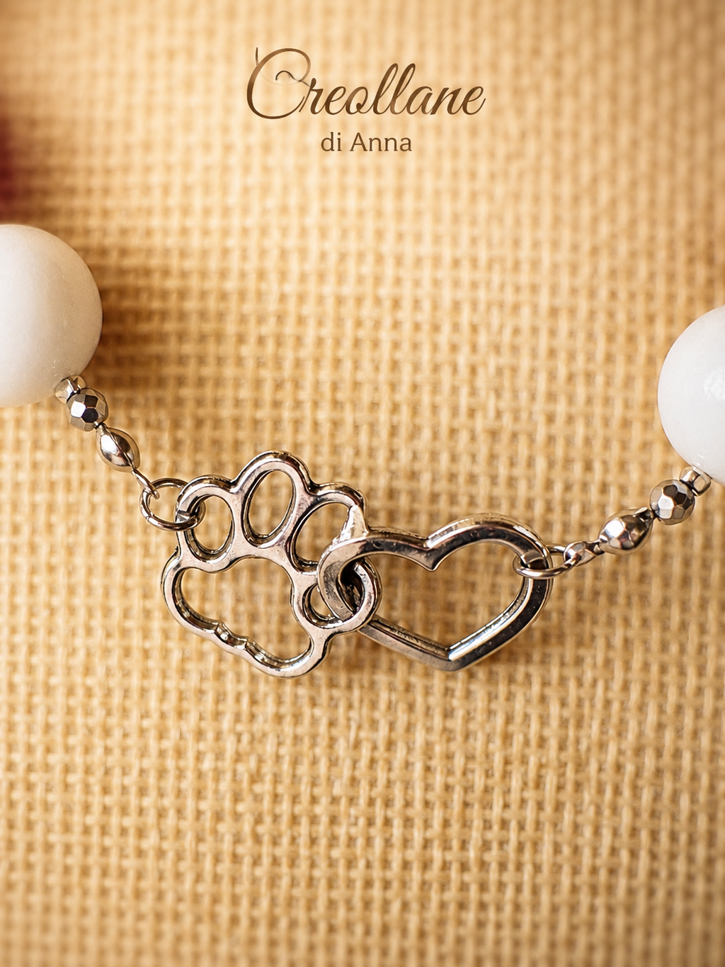 Collana Artigianale Handmade | Agata Tonda, Ematite Silver e Charm Cuore & Zampetta | Made in Italy