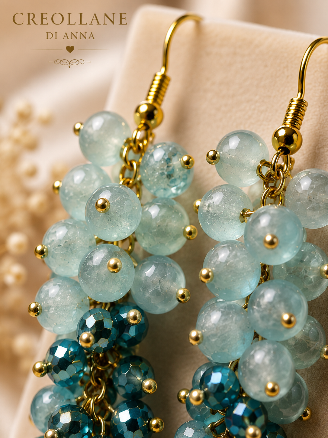 Orecchini a Grappolo Cristalli Azzurri Sfaccettati e Acquamarina – Handmade
