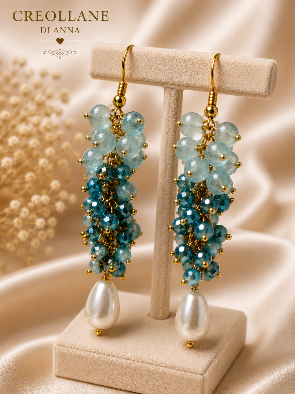 Orecchini a Grappolo Cristalli Azzurri Sfaccettati e Acquamarina – Handmade