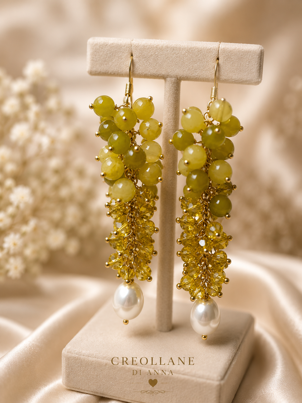 Orecchini a Grappolo Cristalli Giallo Ocra e Serpentino – Handmade