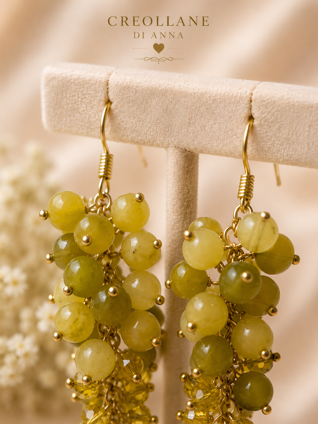 Orecchini a Grappolo Cristalli Giallo Ocra e Serpentino – Handmade