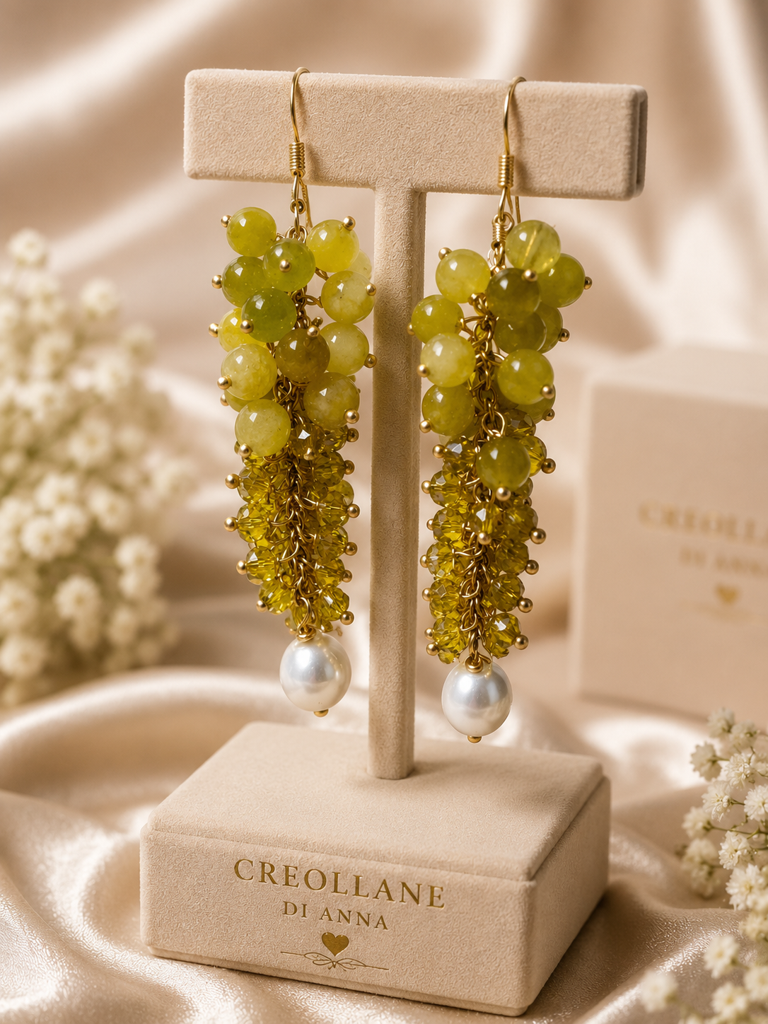 Orecchini a Grappolo Cristalli Giallo Ocra e Serpentino – Handmade