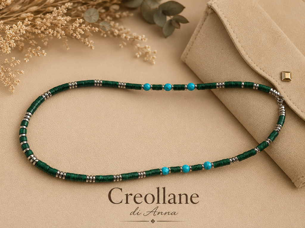 Collana Girocollo Artigianale Handmade | Malachite, Ematite Silver e Turchinite Sfaccettata | Made in Italy