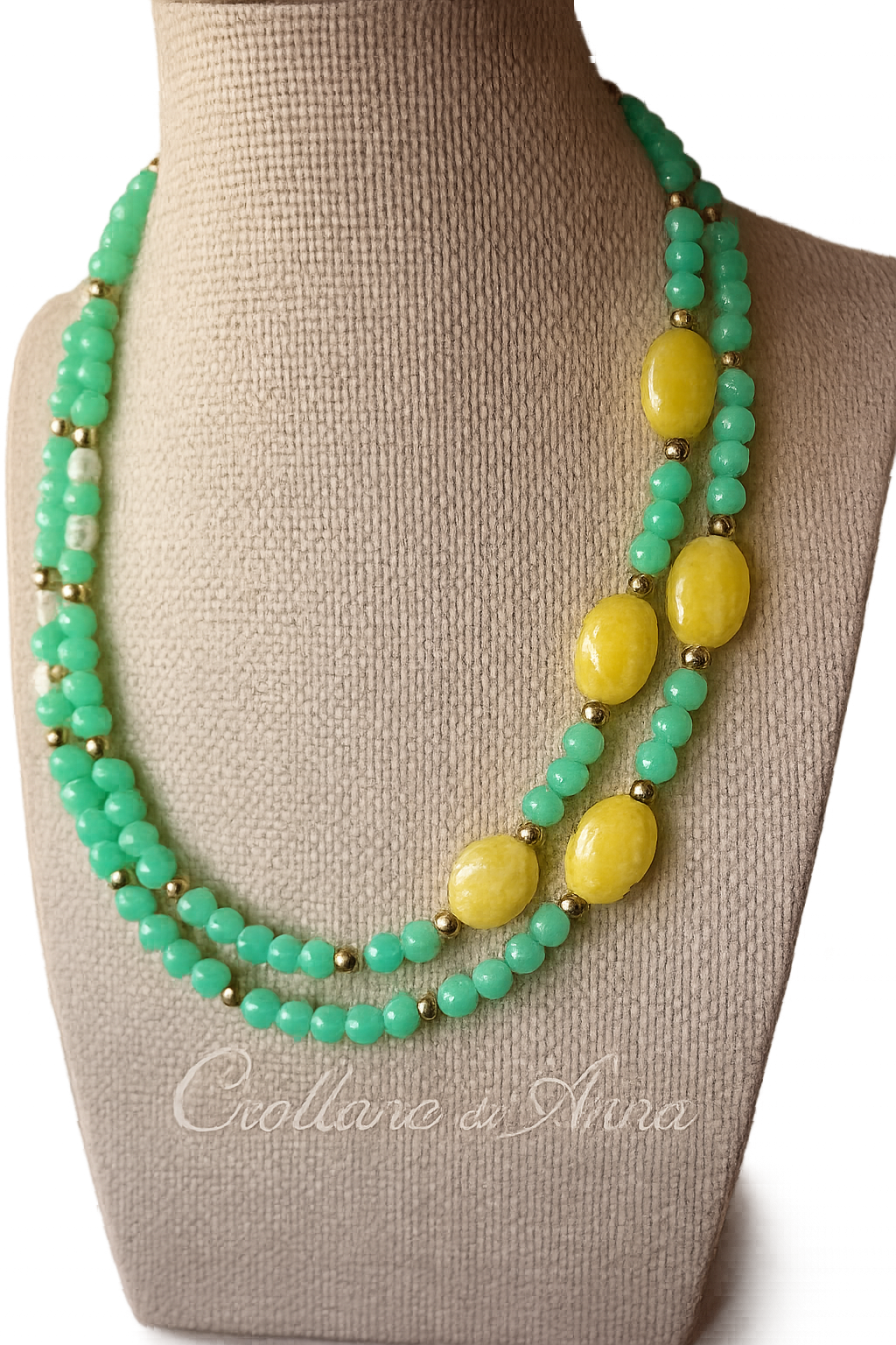 Collana Girocollo Doppio Filo Artigianale Handmade | Crisoprasio, Giada, Perle di Fiume ed Ematite | Made in Italy