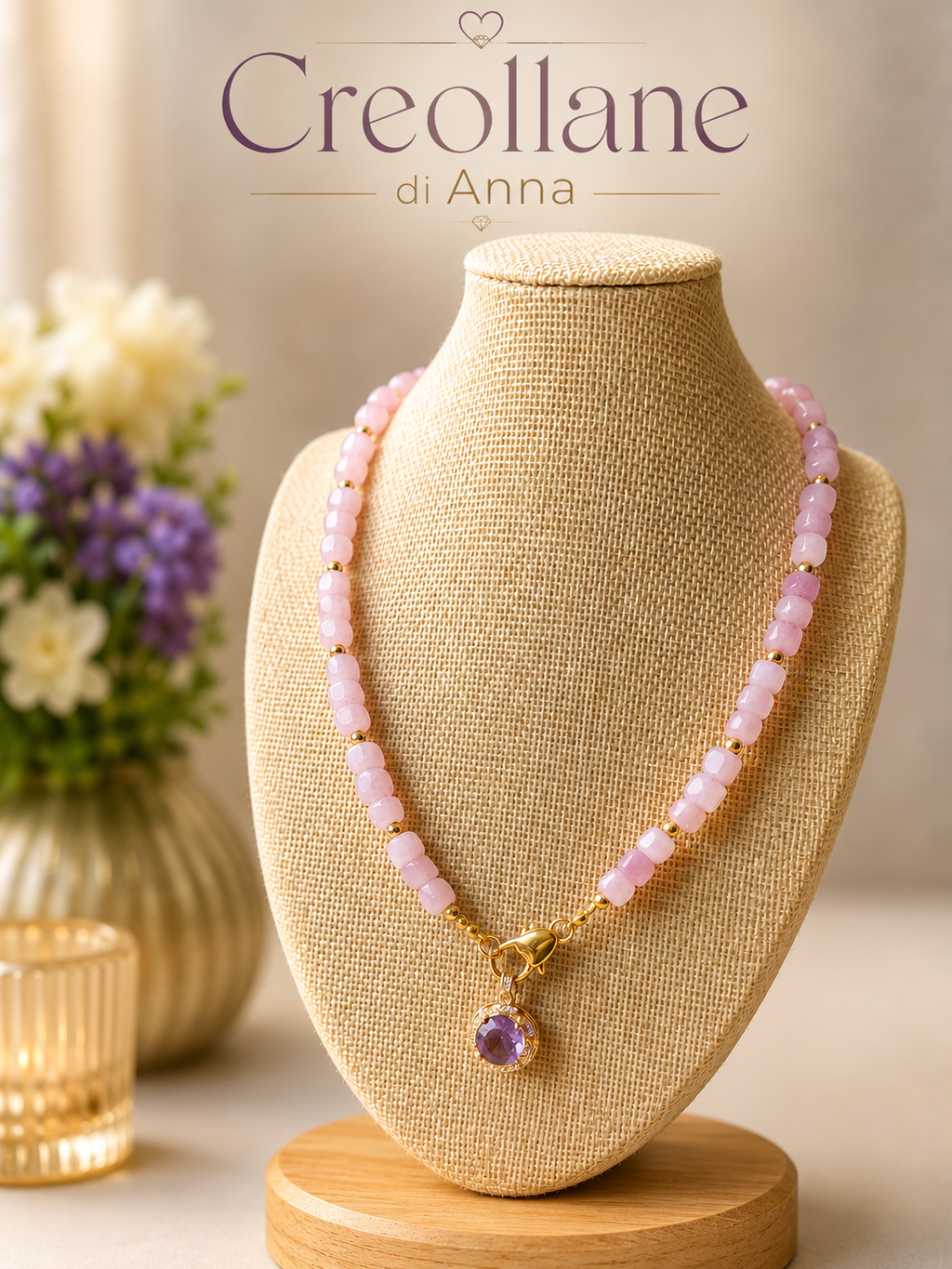 Collana Artigianale Handmade | Kunzite Rosa, Ematite Oro e Ciondolo Cristalli Bianchi e Lilla | Made in Italy