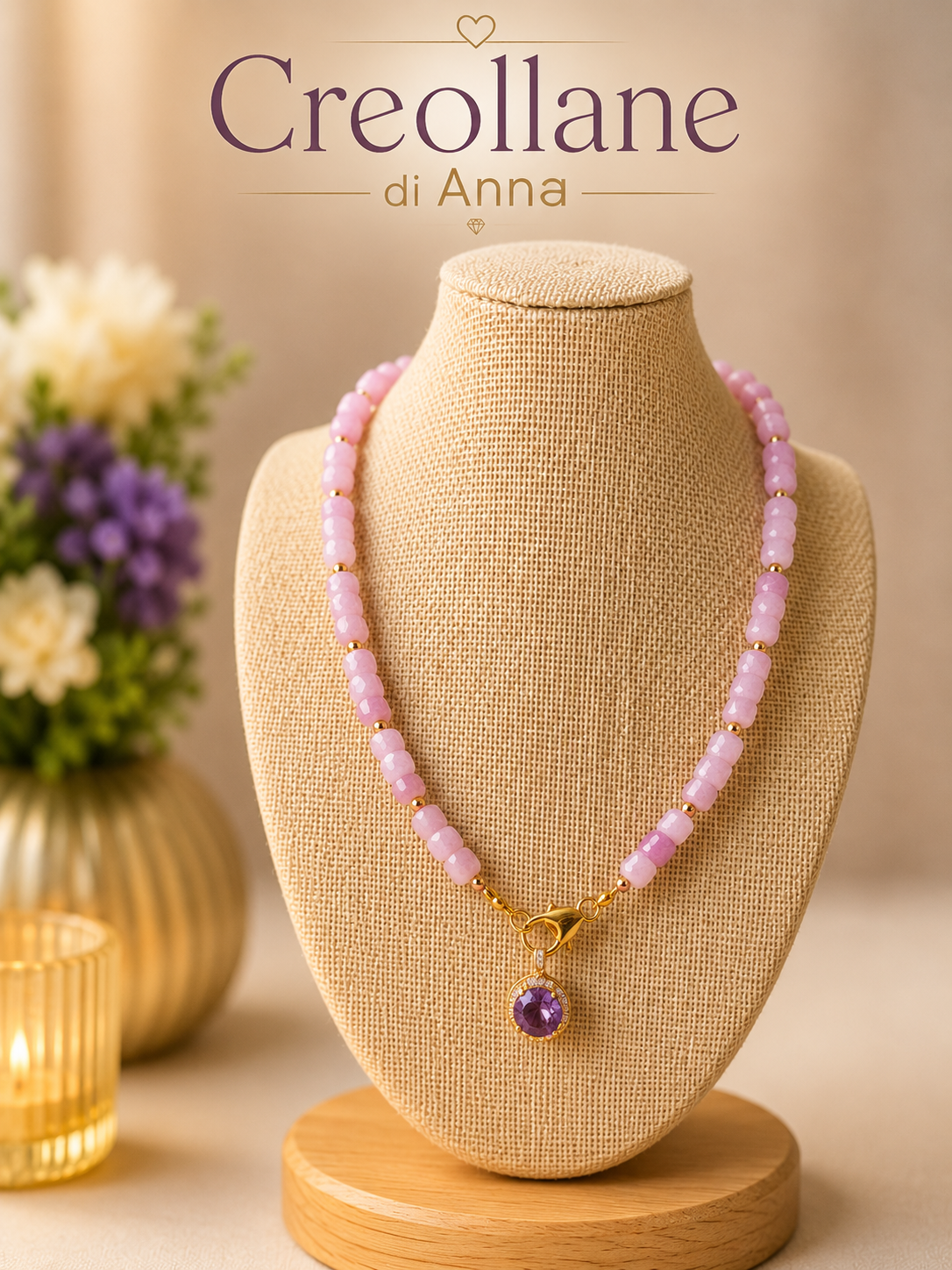 Collana Artigianale Handmade | Kunzite Rosa, Ematite Oro e Ciondolo Cristalli Bianchi e Lilla | Made in Italy