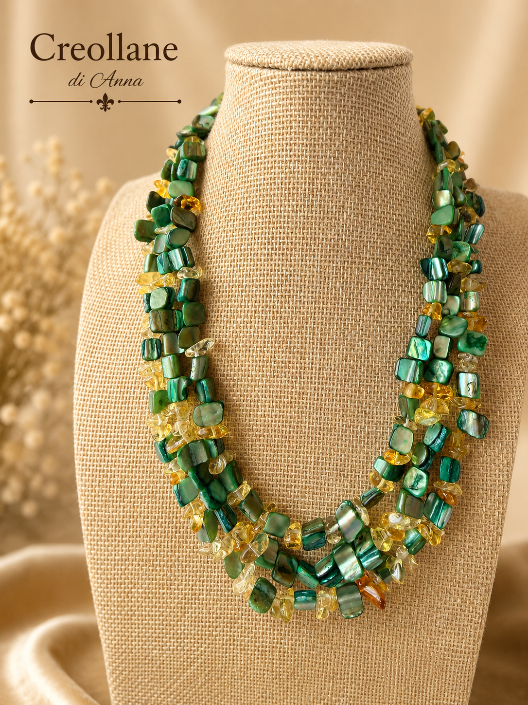 Collana Multifilo Artigianale Handmade | Madreperla Verde e Quarzo Citrino a Chips | Made in Italy