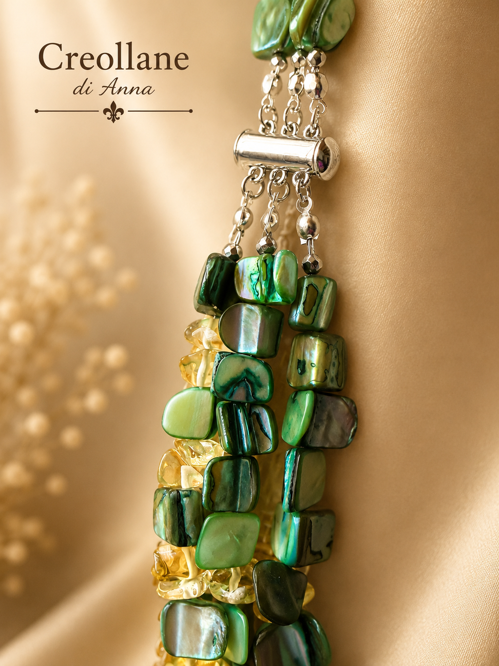 Collana Multifilo Artigianale Handmade | Madreperla Verde e Quarzo Citrino a Chips | Made in Italy
