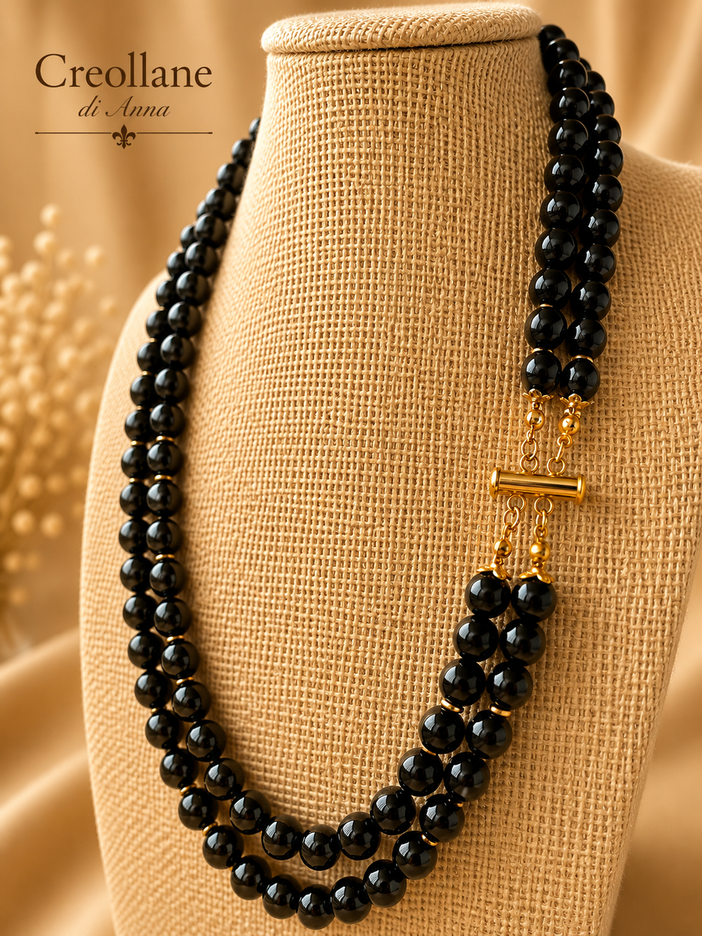 Collana Doppio Filo Artigianale Handmade | Onice Nero, Perle di Fiume e Quarzo Citrino | Made in Italy