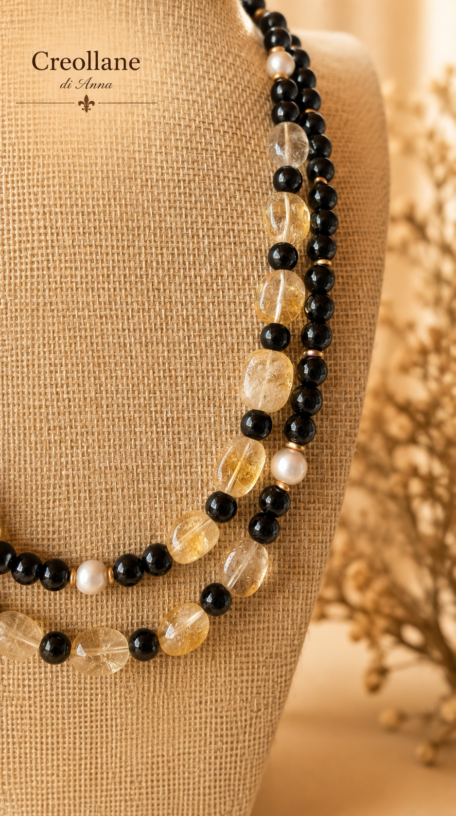 Collana Doppio Filo Artigianale Handmade | Onice Nero, Perle di Fiume e Quarzo Citrino | Made in Italy