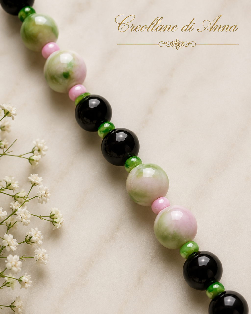 Collana Artigianale Handmade | Onice Nero, Giada Persiana Verde e Rosa, Cristalli Sfaccettati | Made in Italy