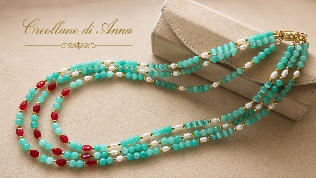 Collana Multifilo Artigianale Handmade | Crisoprasio, Radice di Rubino, Occhio di Gatto e Perle di Fiume | Made in Italy
