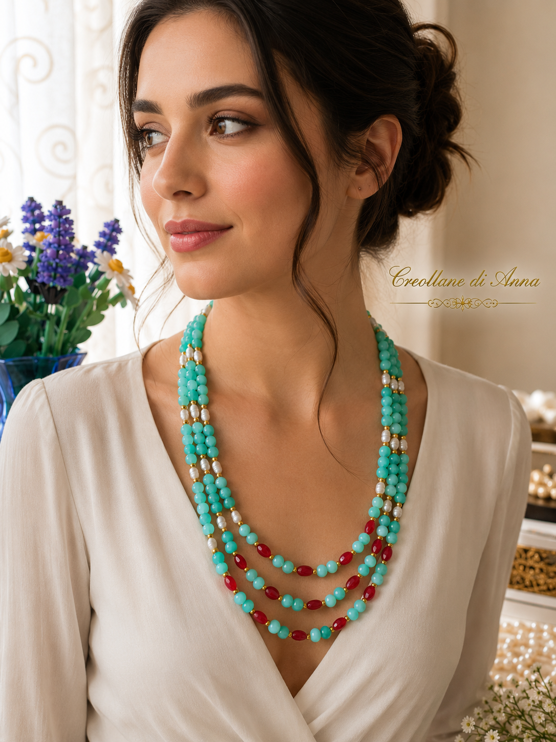 Collana Multifilo Artigianale Handmade | Crisoprasio, Radice di Rubino, Occhio di Gatto e Perle di Fiume | Made in Italy