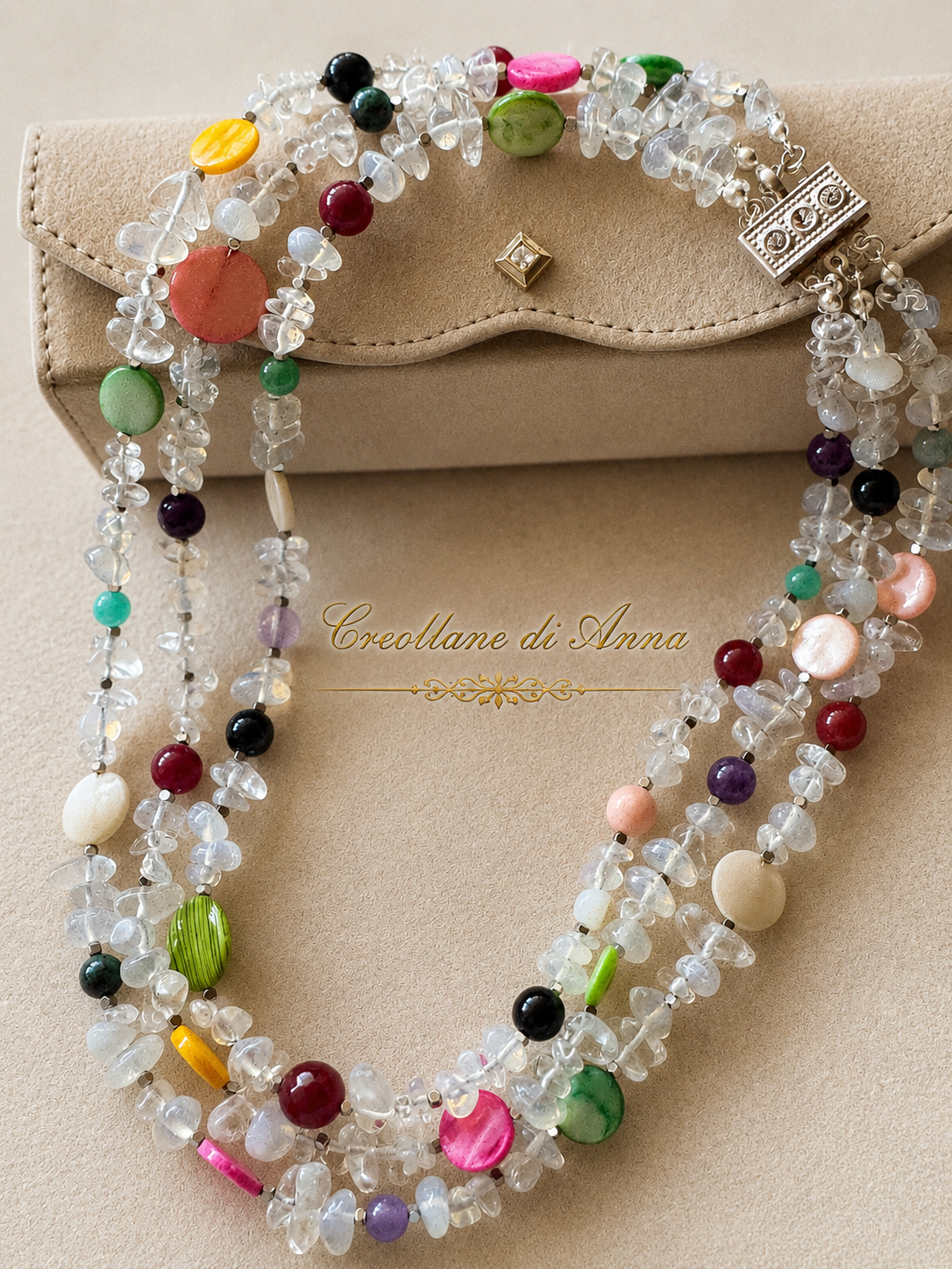Collana Girocollo Tre Fili Artigianale Handmade | Opalite, Pietre Naturali e Madreperla Multicolore | Made in Italy