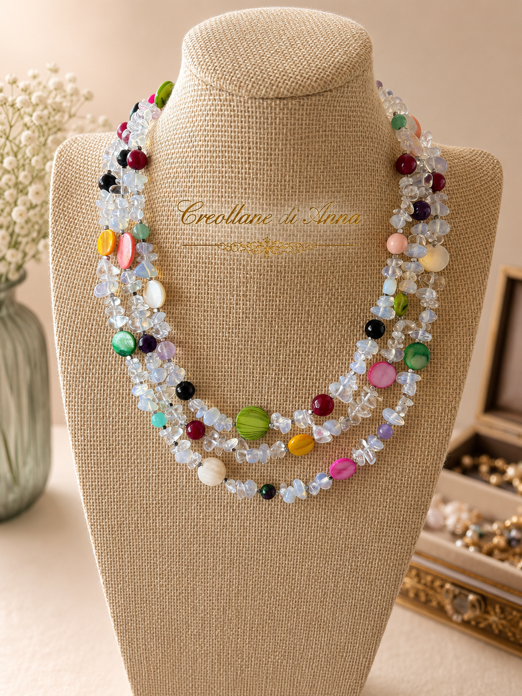 Collana Girocollo Tre Fili Artigianale Handmade | Opalite, Pietre Naturali e Madreperla Multicolore | Made in Italy