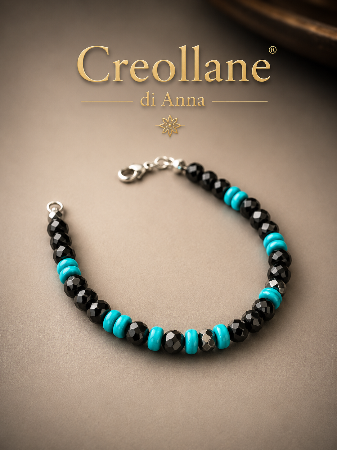 Bracciale Uomo Onice Nero, Turchinite Azzurra ed Ematite Esagonale | Handmade Made in Italy