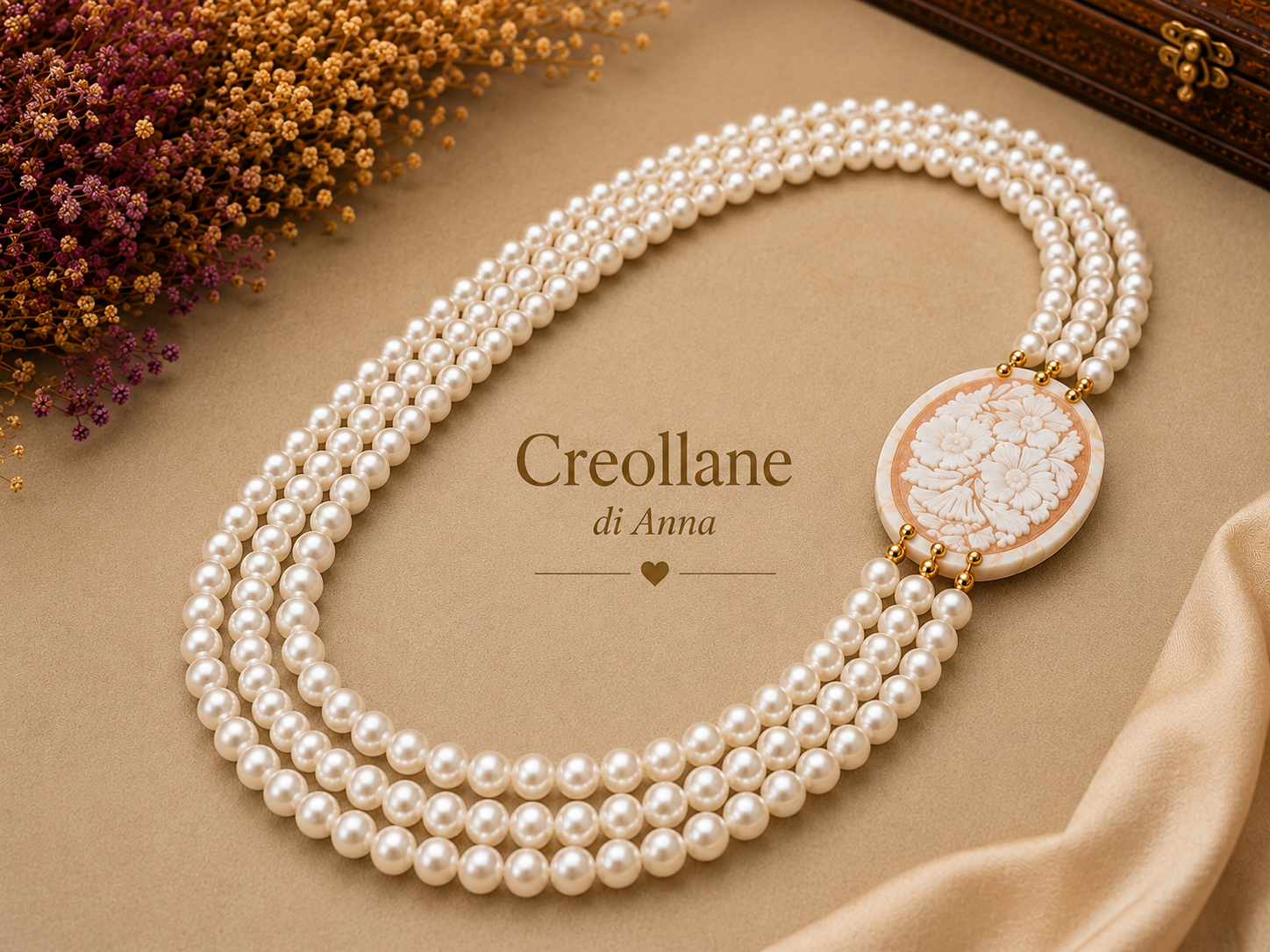 Collana Multifilo Artigianale Handmade | Perle Maiorca Bianche 3 Fili e Cameo Floreale | Made in Italy