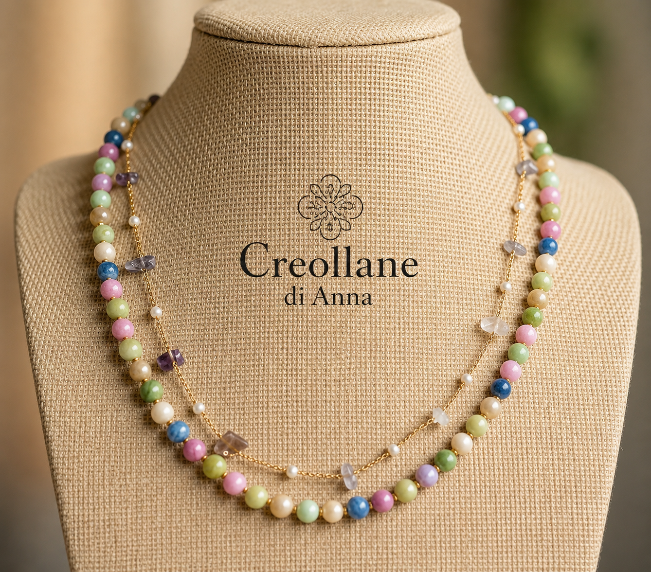 Collana Artigianale Handmade | Tormalina Multicolore e Catena Cristalli | Made in Italy
