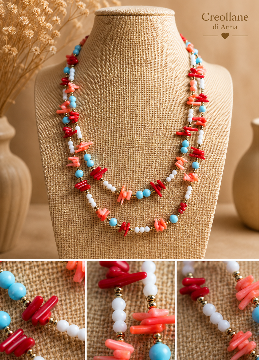 Collana Artigianale Handmade | Corallo Bambù Rosso e Rosa, Turchenite, Agata Bianca ed Ematite | Made in Italy