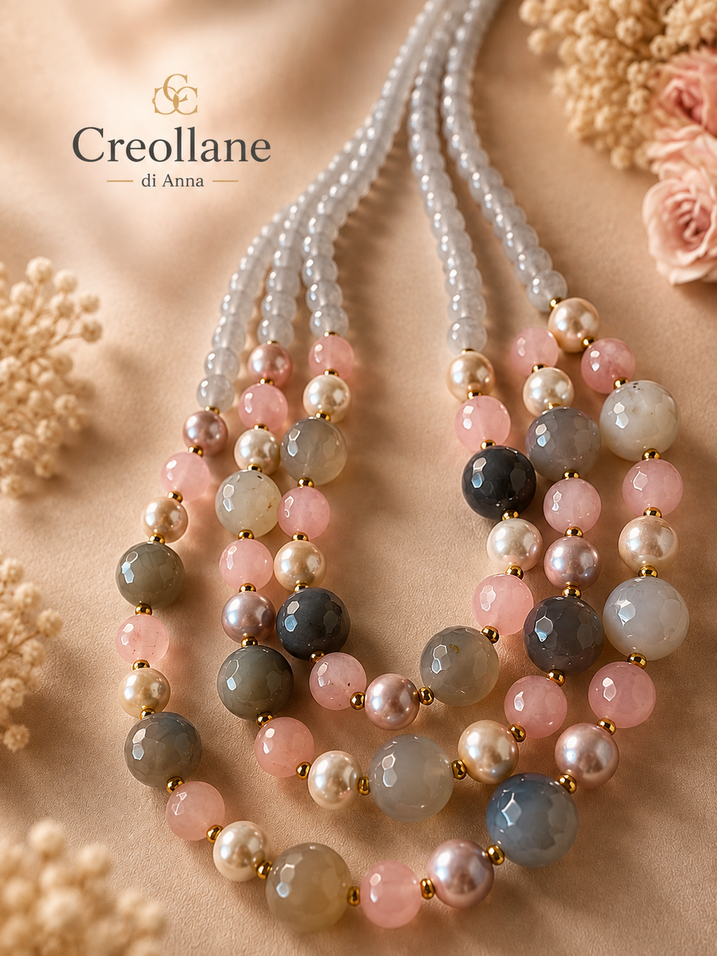 Collana Girocollo Quarzo Rosa, Calcedonio Blu e Perle di Maiorca | Made in Italy