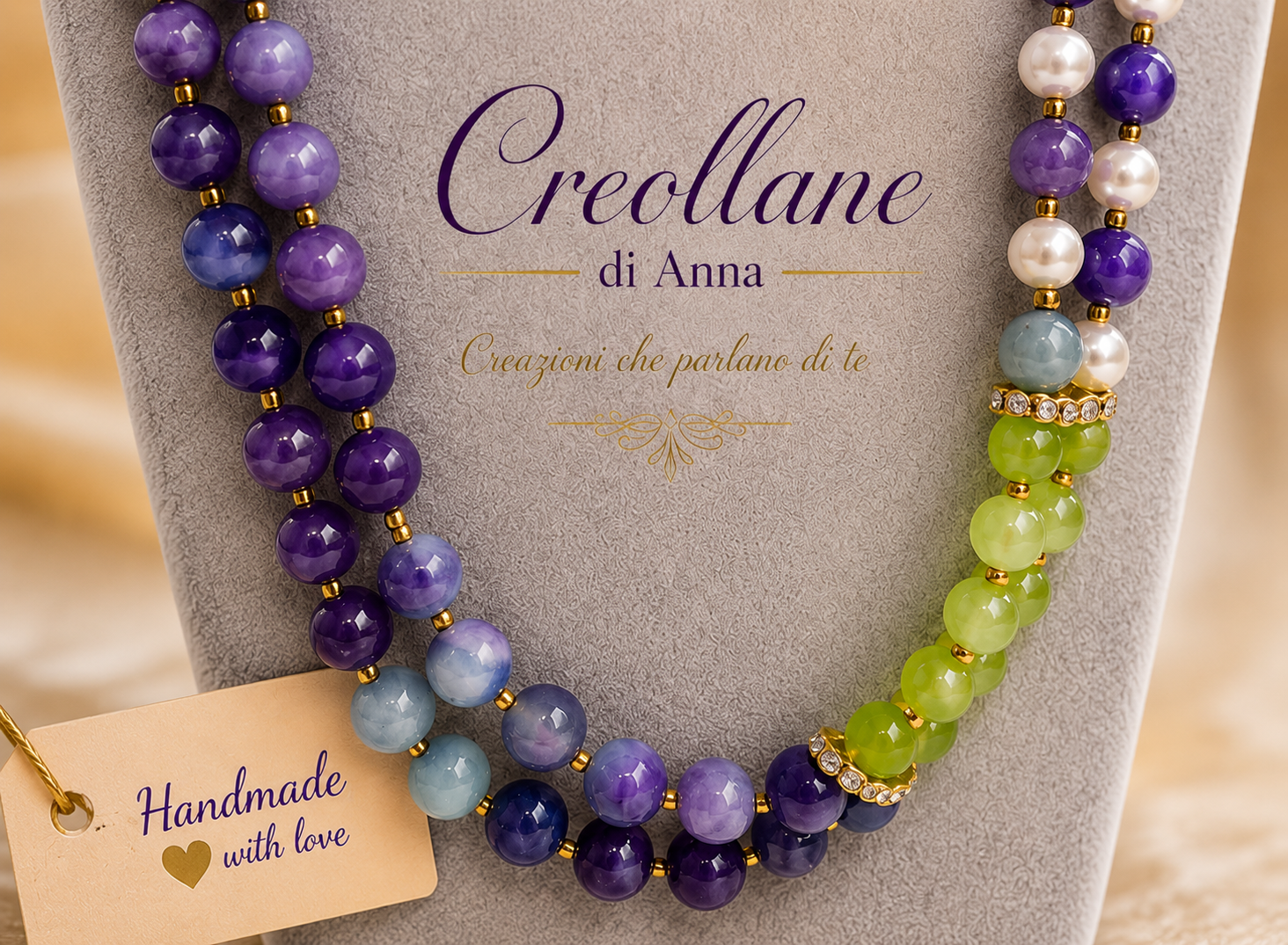 Collana Girocollo Due Fili – Agata Viola, Serpentino Verde e Perle di Maiorca