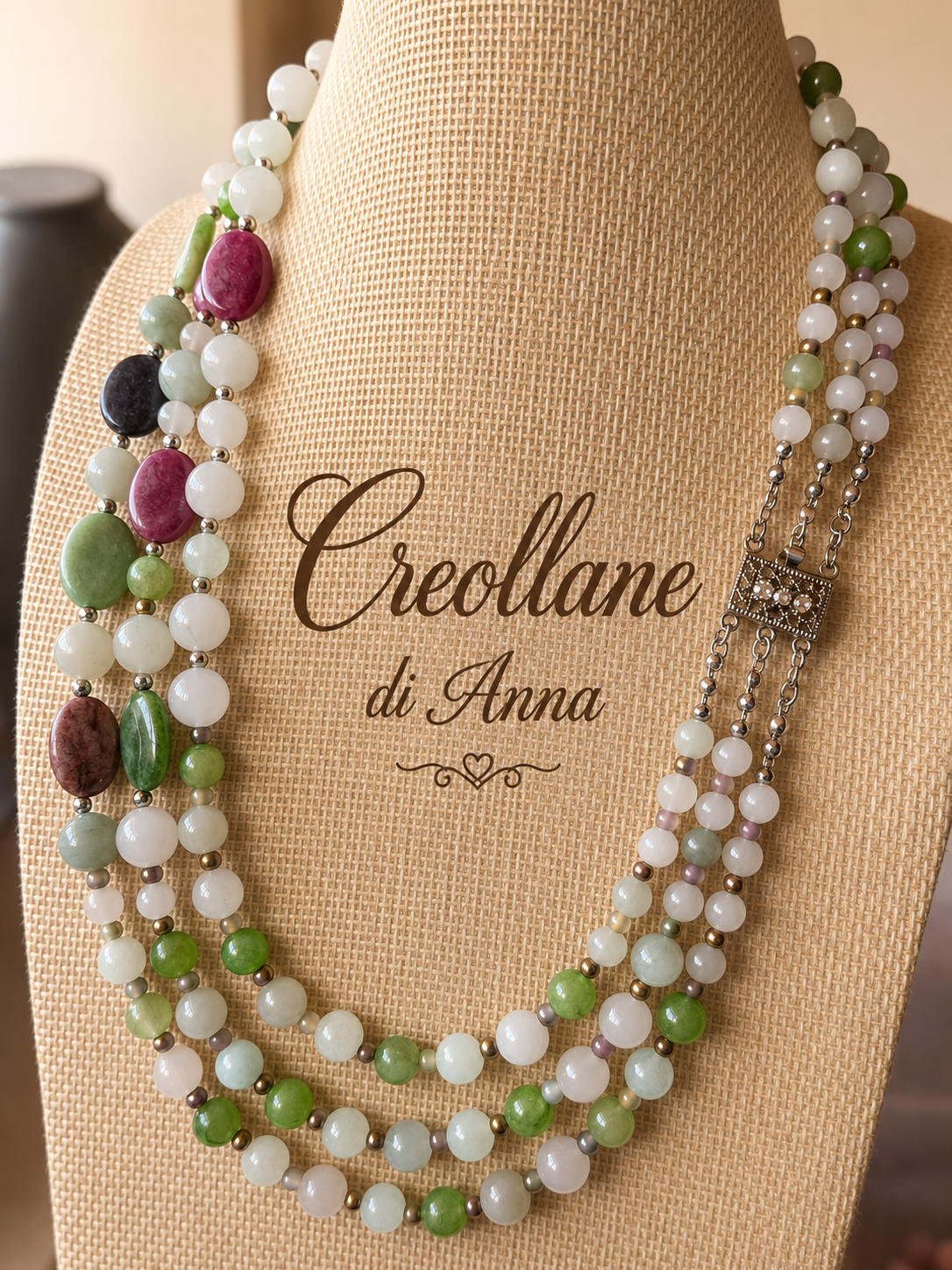 Collana Girocollo Multifilo Artigianale Handmade | Giadite, Agata Verde, Giada Fucsia e Ematite | Made in Italy