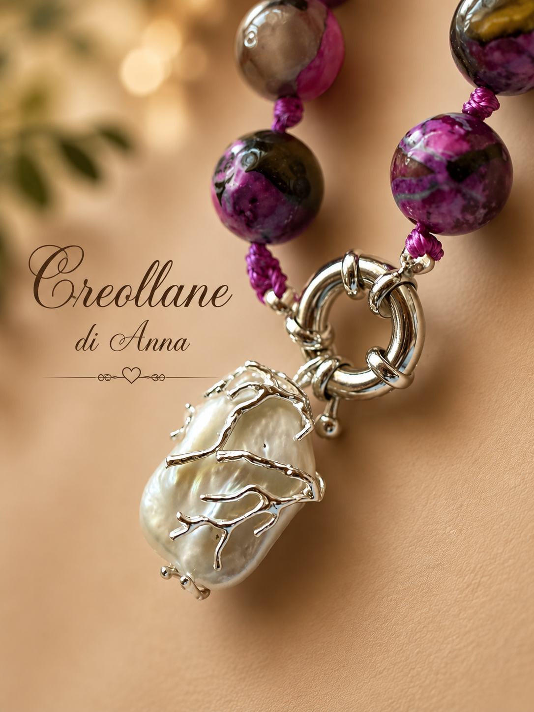 Collana Agata di Fuoco Fucsia e Nero con Ciondolo in Perla Naturale