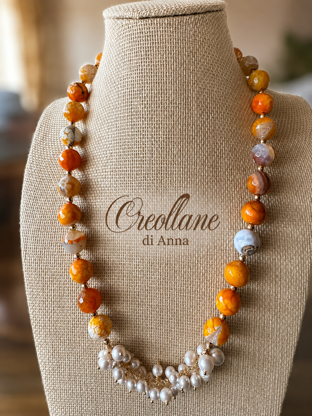 Collana Agata Tinta Sfaccettata con Perle Naturali e Ematite | Giallo Arancione, Bianco, Ocra | Made in Italy