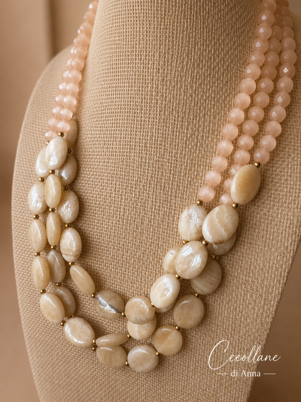 Collana Girocollo Multifilo in Opale Naturale e Pietra di Luna | Beige, Avorio | Made in Italy