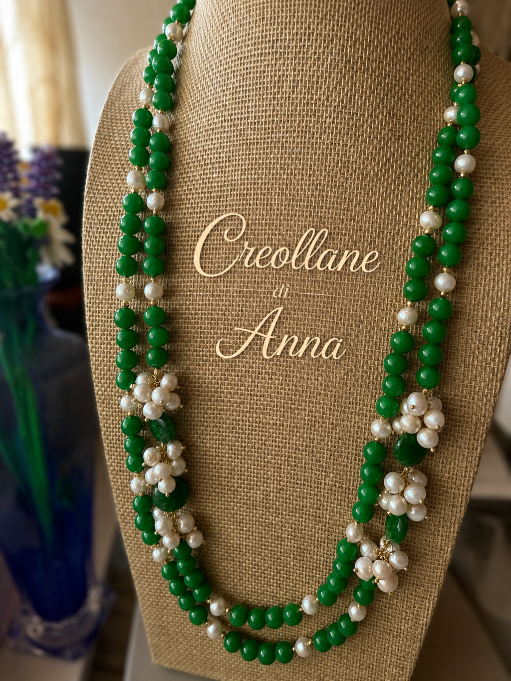 Collana Lunga a Due Fili in Giada Naturale e Perle | Verde, Oro | Made in Italy