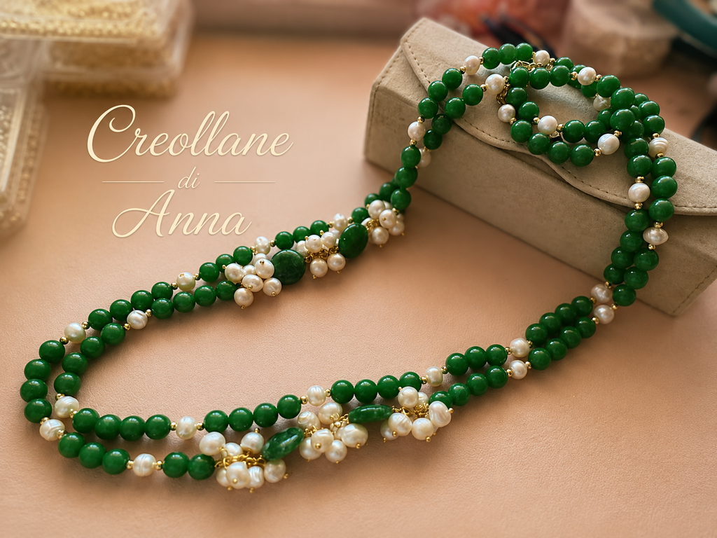 Collana Lunga a Due Fili in Giada Naturale e Perle | Verde, Oro | Made in Italy