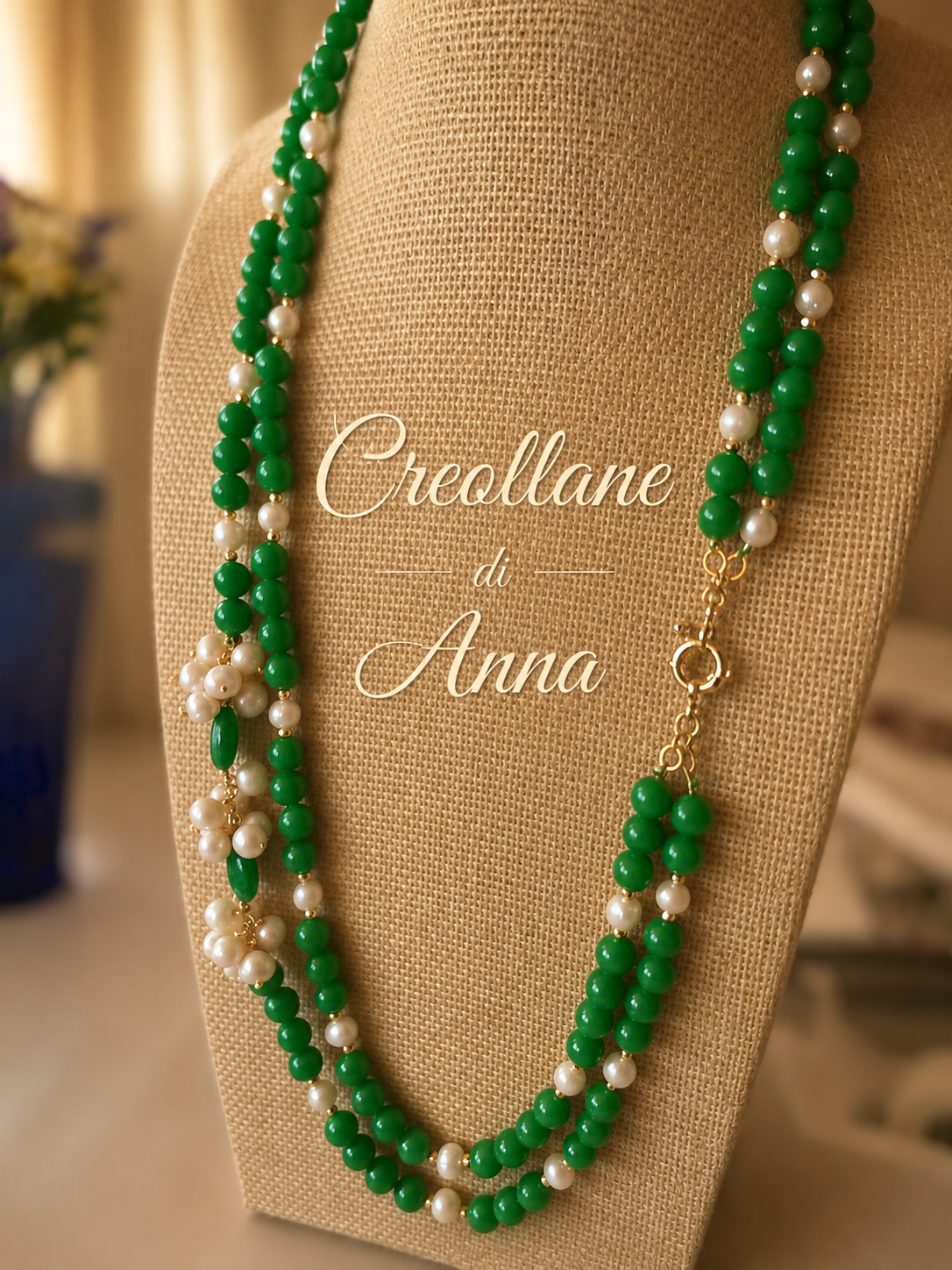 Collana Lunga a Due Fili in Giada Naturale e Perle | Verde, Oro | Made in Italy
