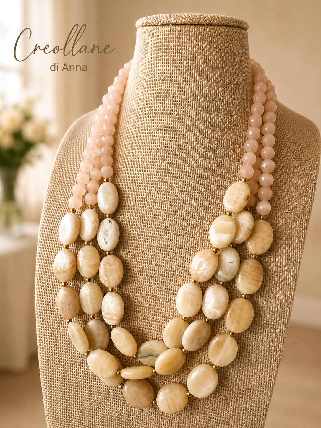 Collana Girocollo Multifilo in Opale Naturale e Pietra di Luna | Beige, Avorio | Made in Italy