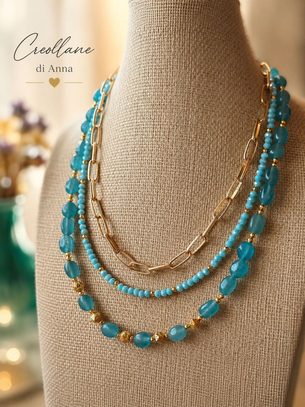 Collana Multifilo a Girocollo Tre Fili con Pietre Naturali | Viola, Bianco, Azzurro, Blu, Rosa | Made in Italy