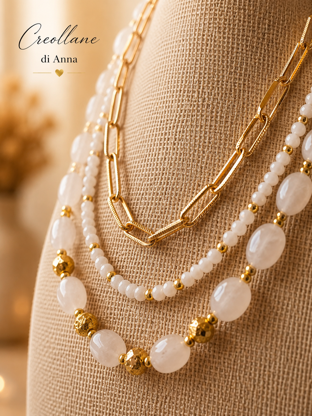 Collana Multifilo a Girocollo Tre Fili con Pietre Naturali | Viola, Bianco, Azzurro, Blu, Rosa | Made in Italy