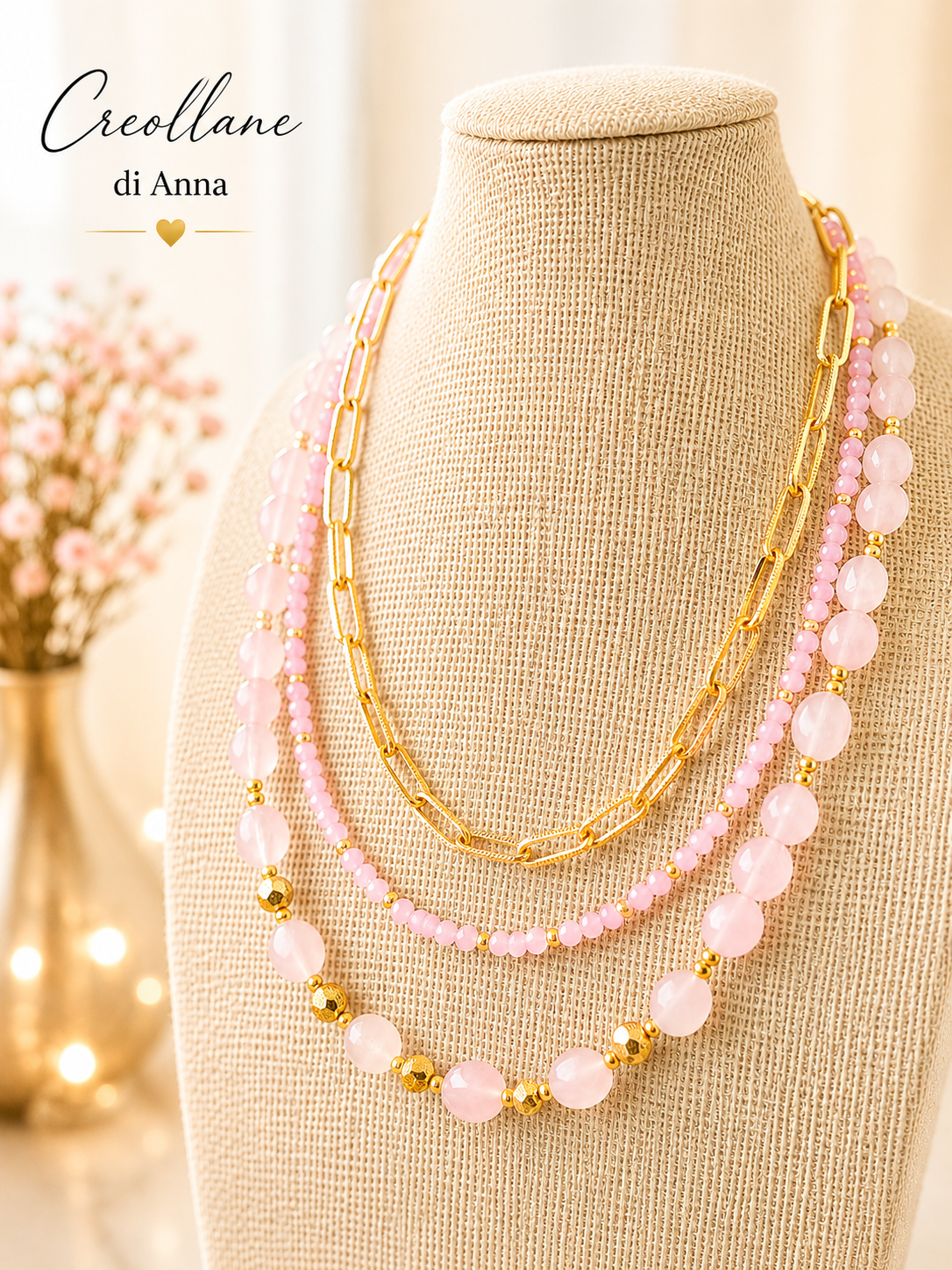 Collana Multifilo a Girocollo Tre Fili con Pietre Naturali | Viola, Bianco, Azzurro, Blu, Rosa | Made in Italy