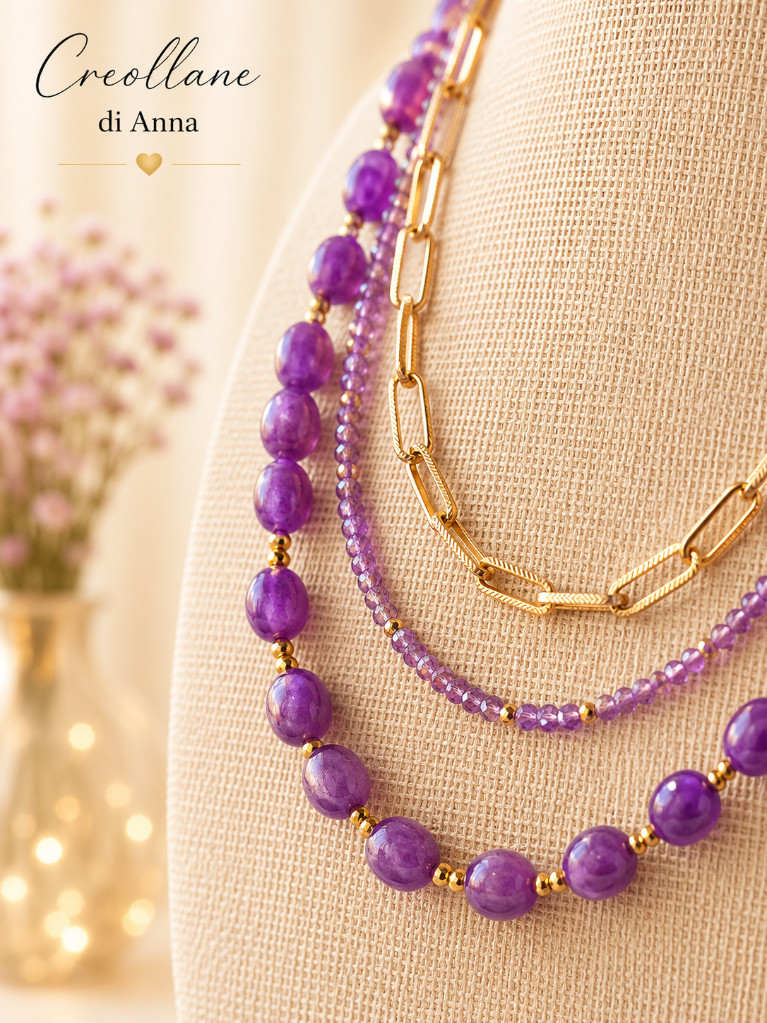 Collana Multifilo a Girocollo Tre Fili con Pietre Naturali | Viola, Bianco, Azzurro, Blu, Rosa | Made in Italy