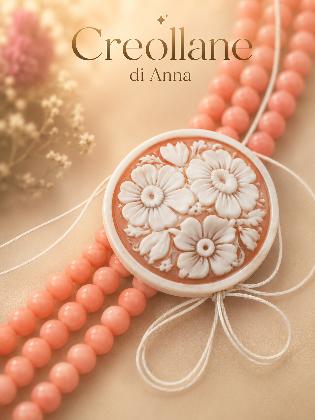 Collana a 3 Fili in Corallo Rosa Naturale e Cameo in Conchiglia | Rosa, Bianco | Made in Italy