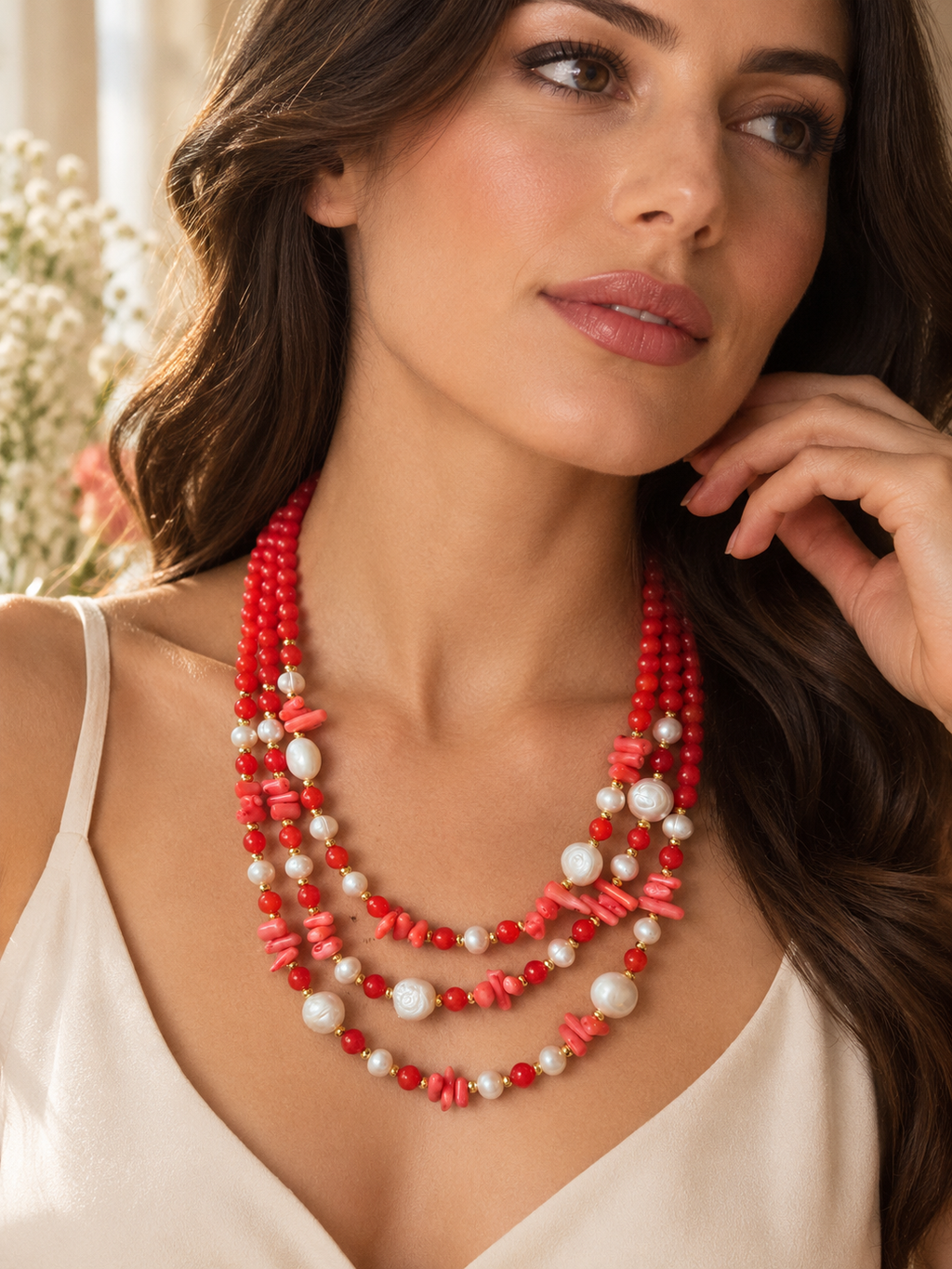 Collana Multifilo in Giada Giadite, Corallo Bambù, Perle di Fiume ed Ematite